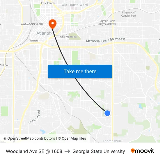 Woodland Ave SE @ 1608 to Georgia State University map