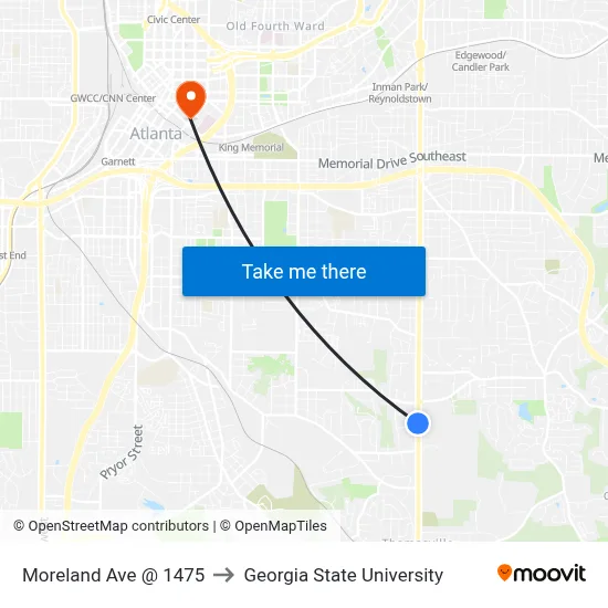 Moreland Ave @ 1475 to Georgia State University map