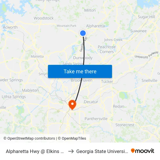 Alpharetta Hwy @ Elkins Rd to Georgia State University map