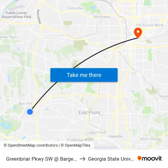 Greenbriar Pkwy SW @ Barge Rd SW to Georgia State University map