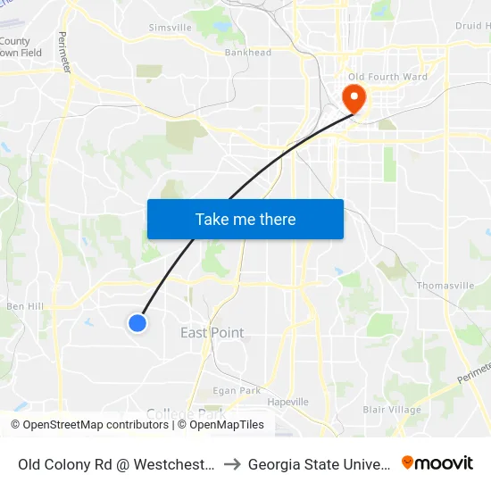 Old Colony Rd @ Westchester Dr to Georgia State University map