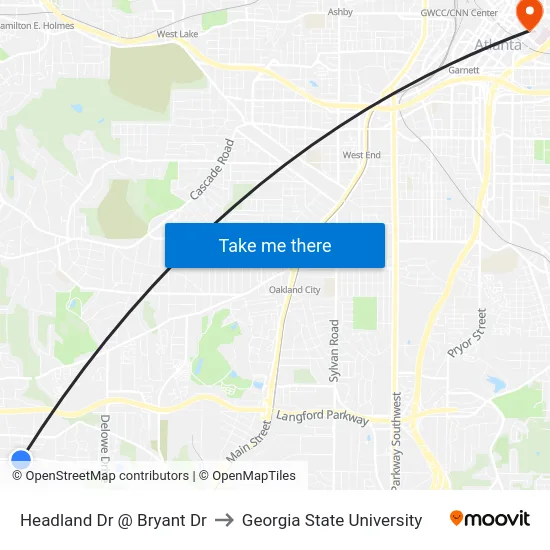 Headland Dr @ Bryant Dr to Georgia State University map