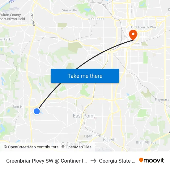 Greenbriar Pkwy SW @ Continental Colony Pkwy SW to Georgia State University map