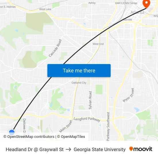 Headland Dr @ Graywall St to Georgia State University map