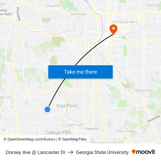 Dorsey Ave @ Lancaster Dr to Georgia State University map