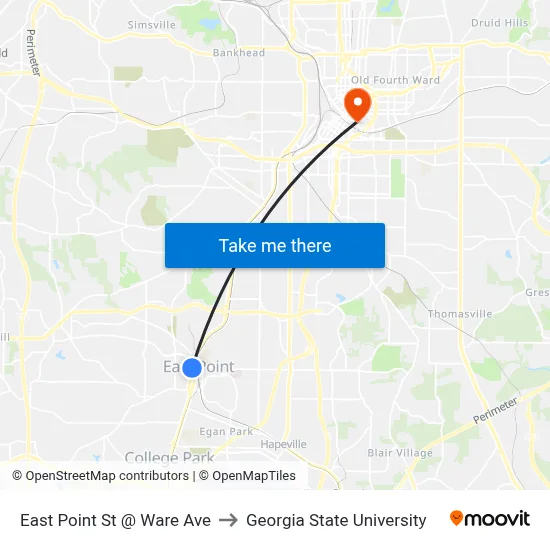 East Point St @ Ware Ave to Georgia State University map