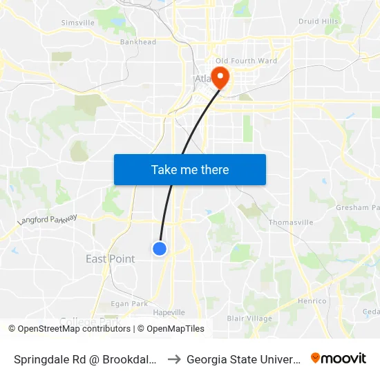 Springdale Rd @ Brookdale Dr to Georgia State University map