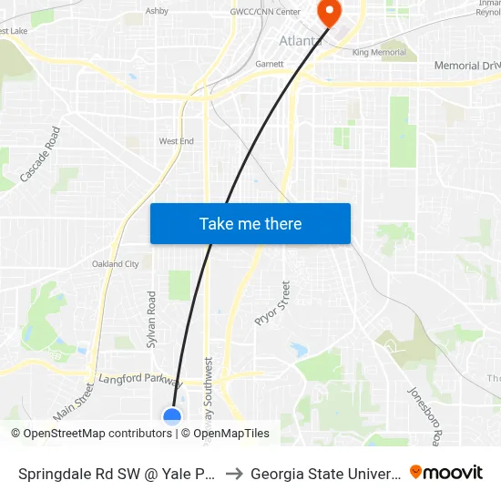 Springdale Rd SW @ Yale Pl SW to Georgia State University map