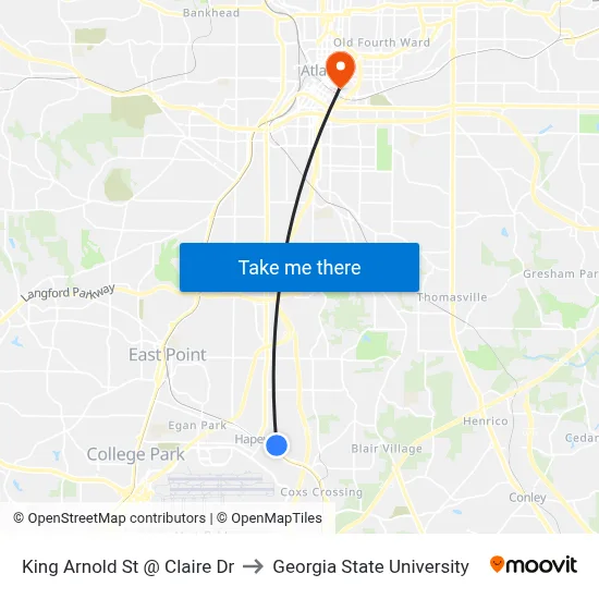 King Arnold St @ Claire Dr to Georgia State University map