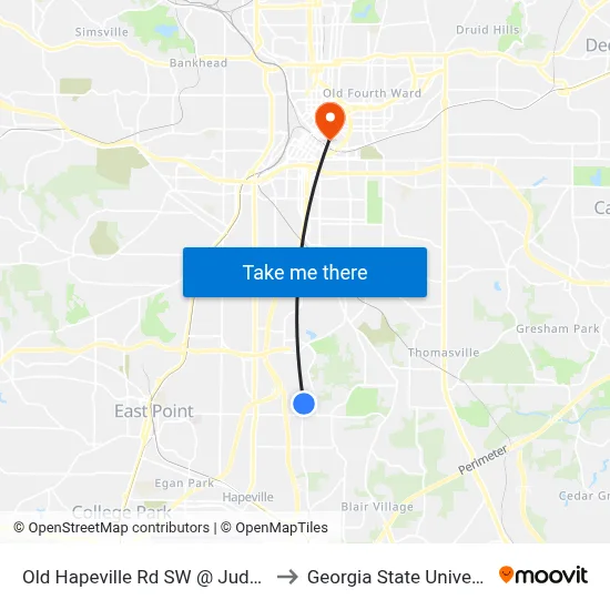 Old Hapeville Rd SW @ Judy SW to Georgia State University map