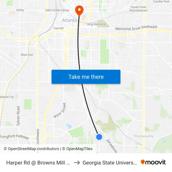 Harper Rd @ Browns Mill Rd to Georgia State University map