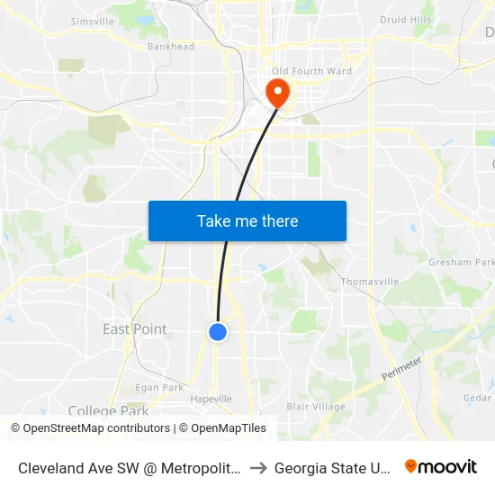 Cleveland Ave SW @ Metropolitan Pkwy SW to Georgia State University map
