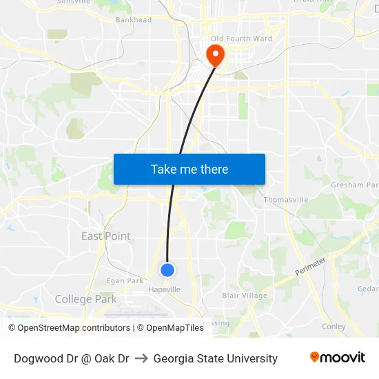 Dogwood Dr @ Oak Dr to Georgia State University map