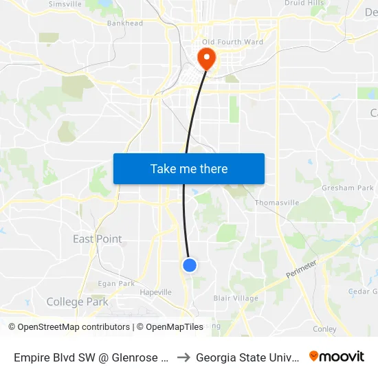 Empire Blvd SW @ Glenrose Cir SW to Georgia State University map