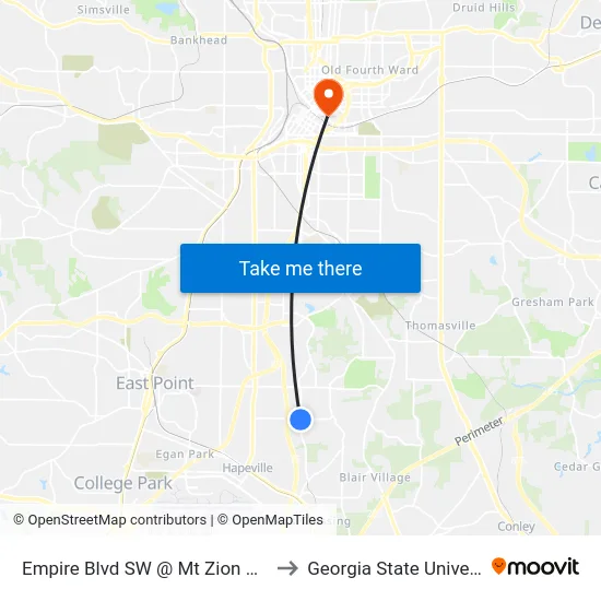 Empire Blvd SW @ Mt Zion Rd SW to Georgia State University map