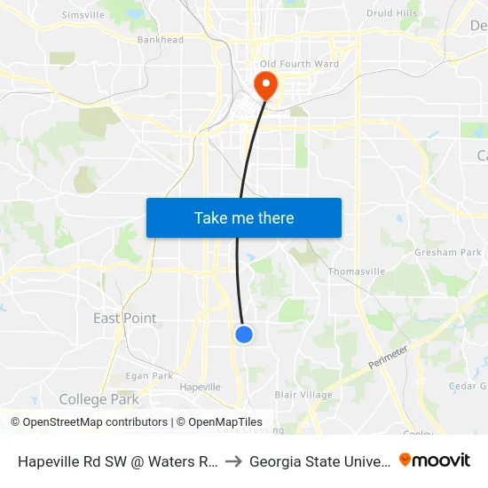 Hapeville Rd SW @ Waters Rd SW to Georgia State University map