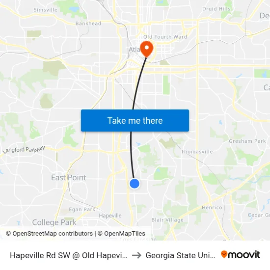 Hapeville Rd SW @ Old Hapeville Rd SW to Georgia State University map