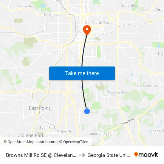 Browns Mill Rd SE @ Cleveland Ave SE to Georgia State University map