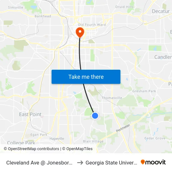 Cleveland Ave @ Jonesboro Rd to Georgia State University map