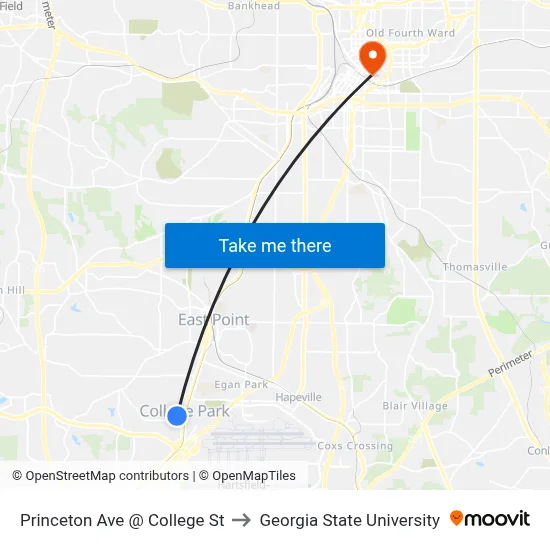 Princeton Ave @ College St to Georgia State University map