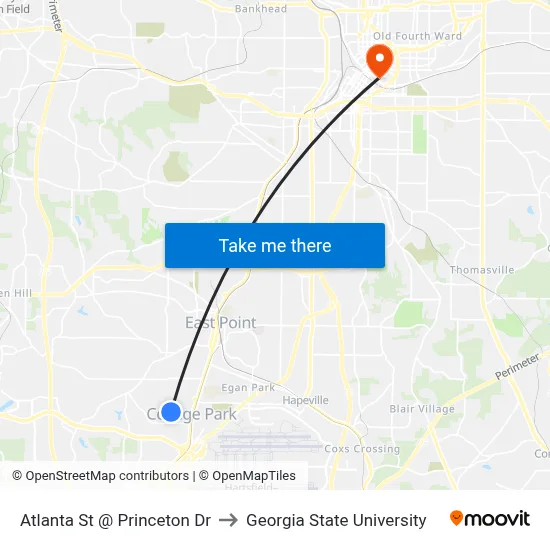 Atlanta St @ Princeton Dr to Georgia State University map