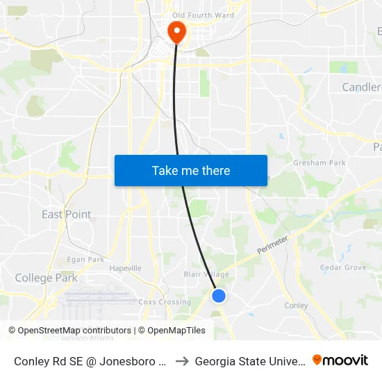 Conley Rd SE @ Jonesboro Rd SE to Georgia State University map