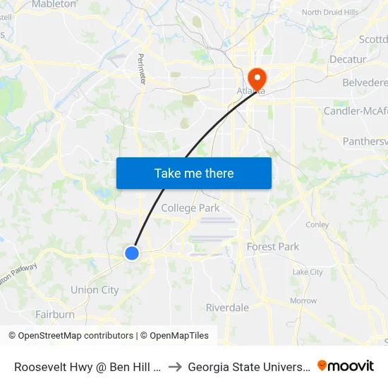 Roosevelt Hwy @ Ben Hill Rd to Georgia State University map
