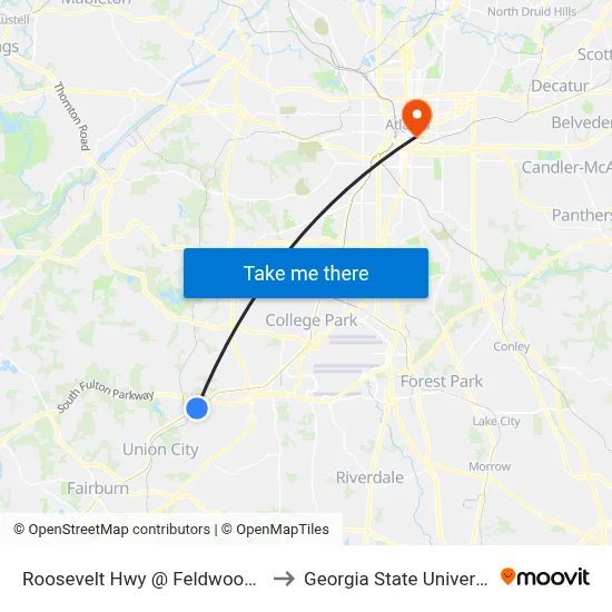 Roosevelt Hwy @ Feldwood Rd to Georgia State University map