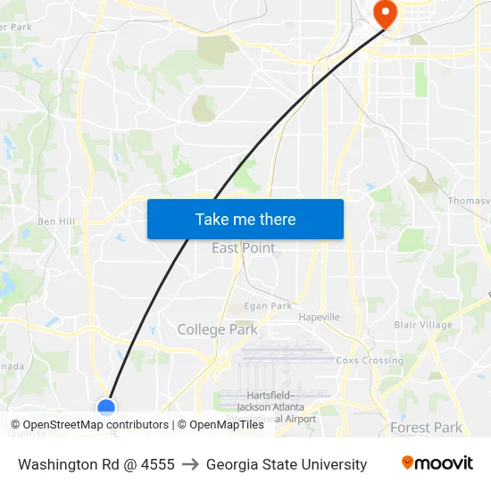Washington Rd @ 4555 to Georgia State University map