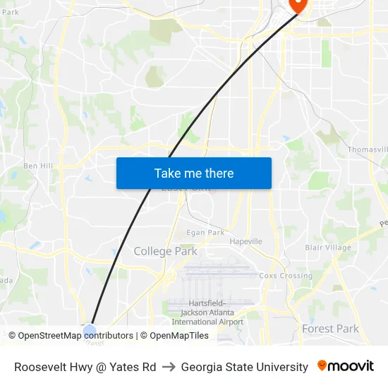 Roosevelt Hwy @ Yates Rd to Georgia State University map