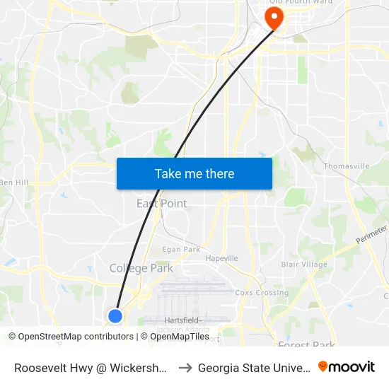 Roosevelt Hwy @ Wickersham Dr to Georgia State University map