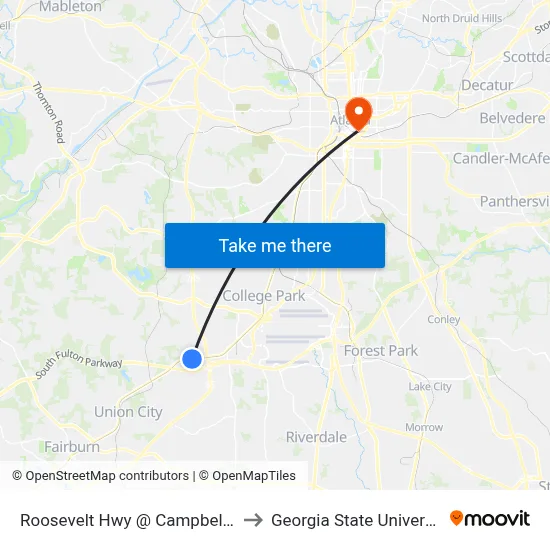 Roosevelt Hwy @ Campbell Dr to Georgia State University map