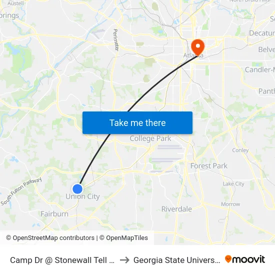 Camp Dr @ Stonewall Tell Rd to Georgia State University map