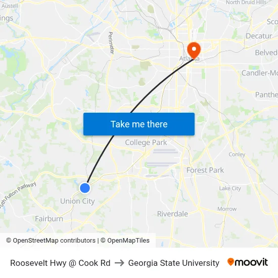 Roosevelt Hwy @ Cook Rd to Georgia State University map