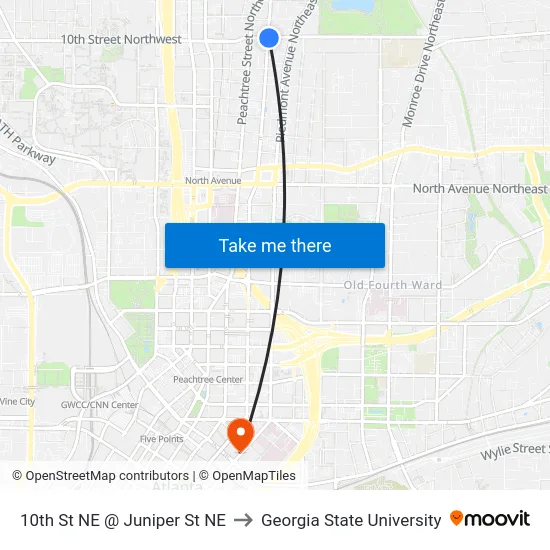 10th St NE @ Juniper St NE to Georgia State University map