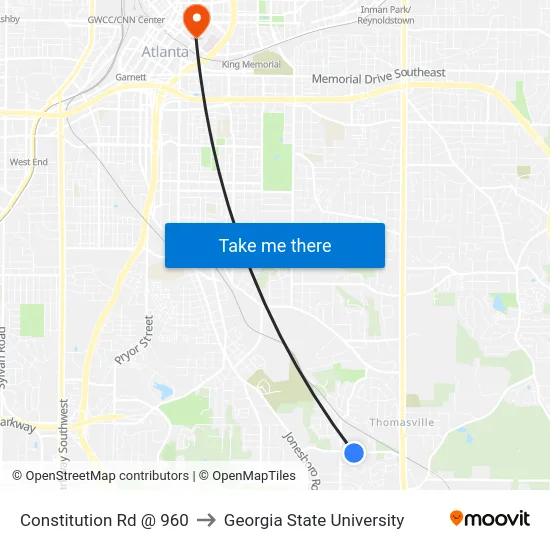 Constitution Rd @ 960 to Georgia State University map