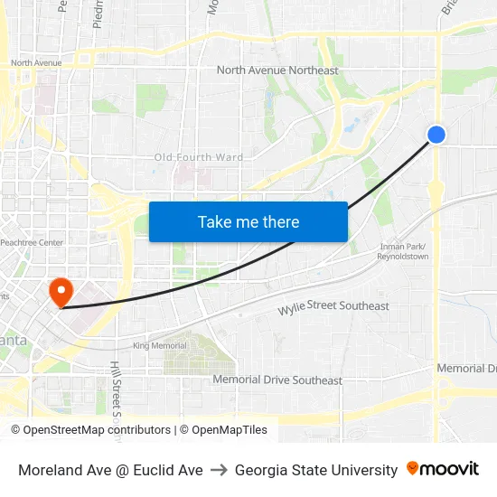 Moreland Ave @ Euclid Ave to Georgia State University map