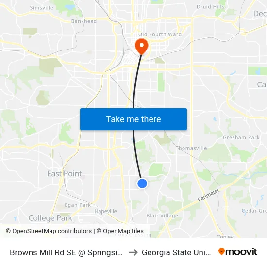 Browns Mill Rd SE @ Springside Dr SE to Georgia State University map