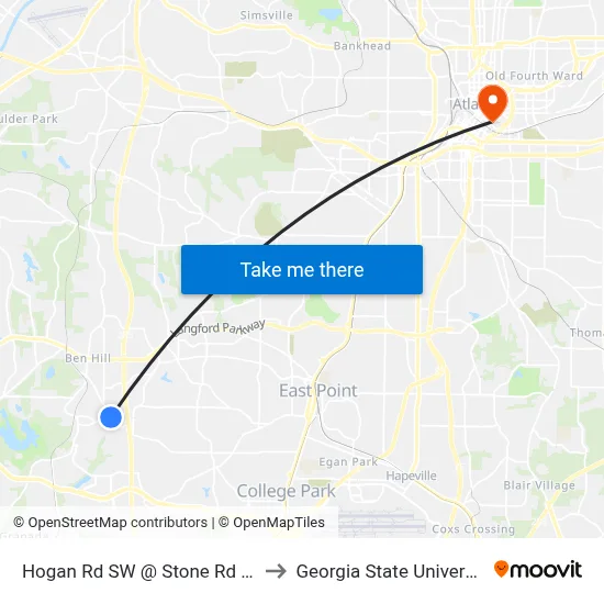 Hogan Rd SW @ Stone Rd SW to Georgia State University map