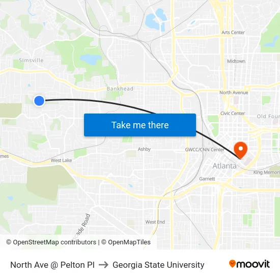 North Ave @ Pelton Pl to Georgia State University map