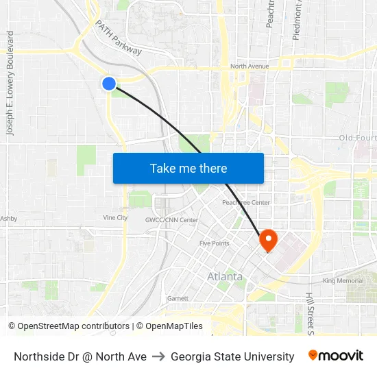 Northside Dr @ North Ave to Georgia State University map