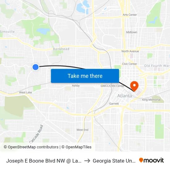 Joseph E Boone Blvd NW @ Lanier St NW to Georgia State University map