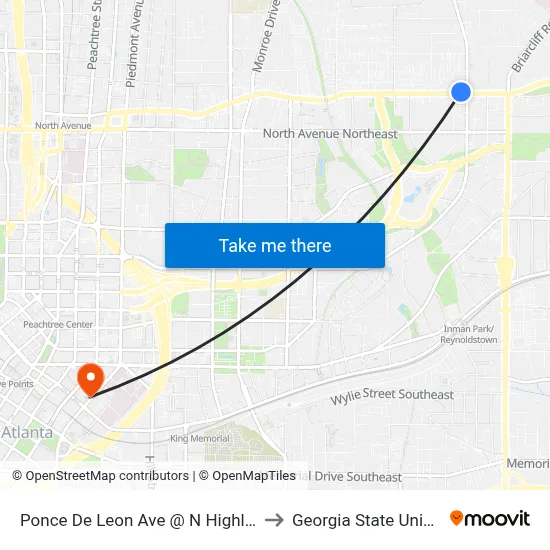 Ponce De Leon Ave @ N Highland Ave to Georgia State University map