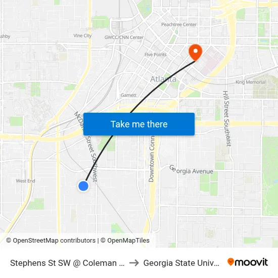 Stephens St SW @ Coleman St SW to Georgia State University map