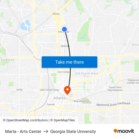Marta - Arts Center to Georgia State University map