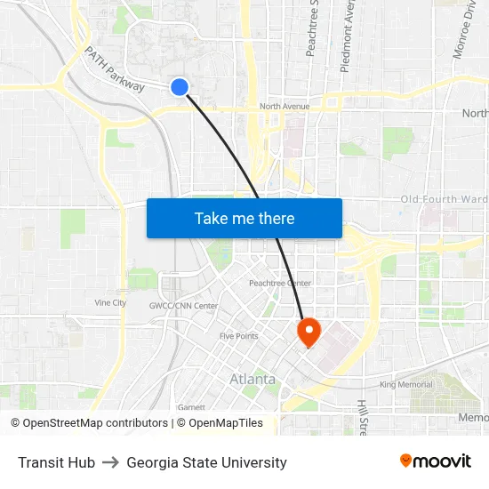 Transit Hub to Georgia State University map