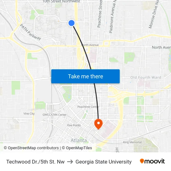 Techwood Dr./5th St. Nw to Georgia State University map