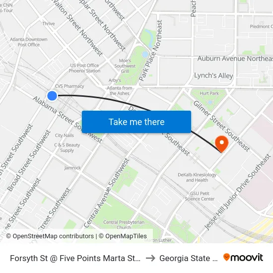 Forsyth St @ Five Points Marta Station (Northbound) to Georgia State University map