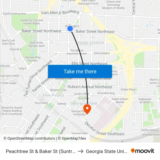 Peachtree St & Baker St (Suntrust Bldg) to Georgia State University map