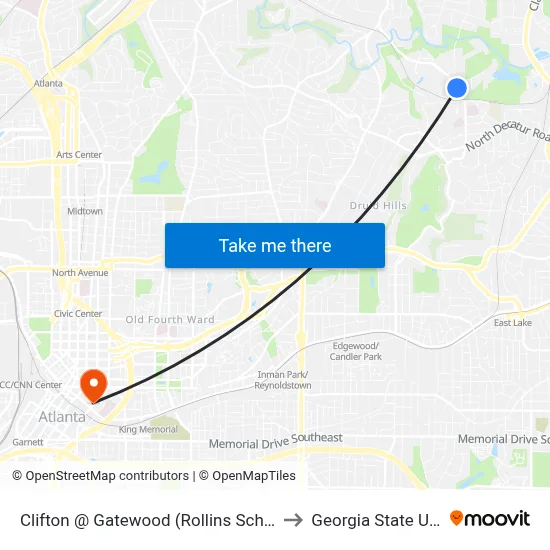 Clifton @ Gatewood (Rollins Sch Public Health) to Georgia State University map